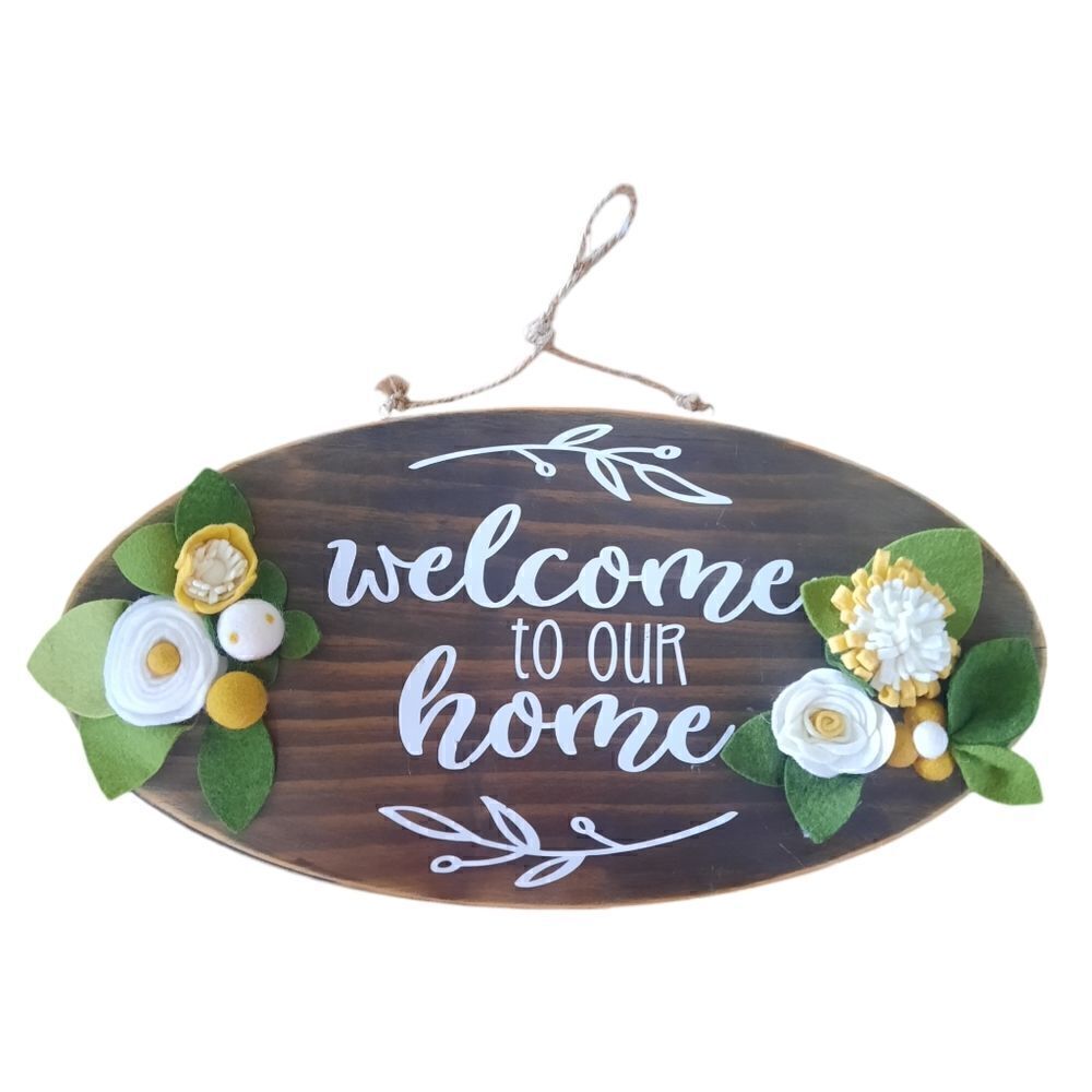 Enna Mulberry Welcome To Our Home Sign Wood Felt Flowers
